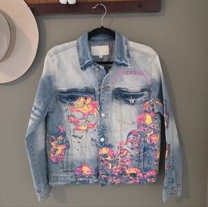 Mackeen Graffiti Pink Skull Jean Jacket Size Small